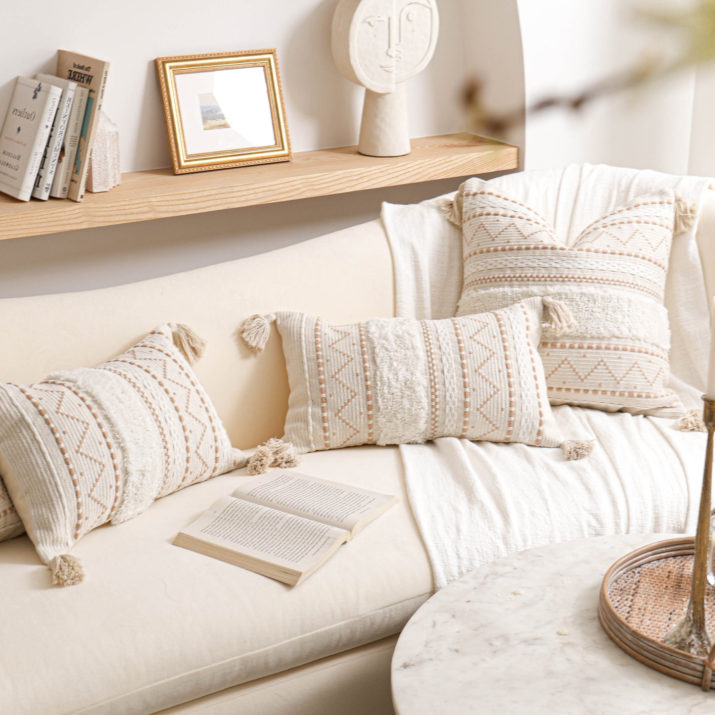 Serene Boho Woven Throw Pillow Cover - Cream