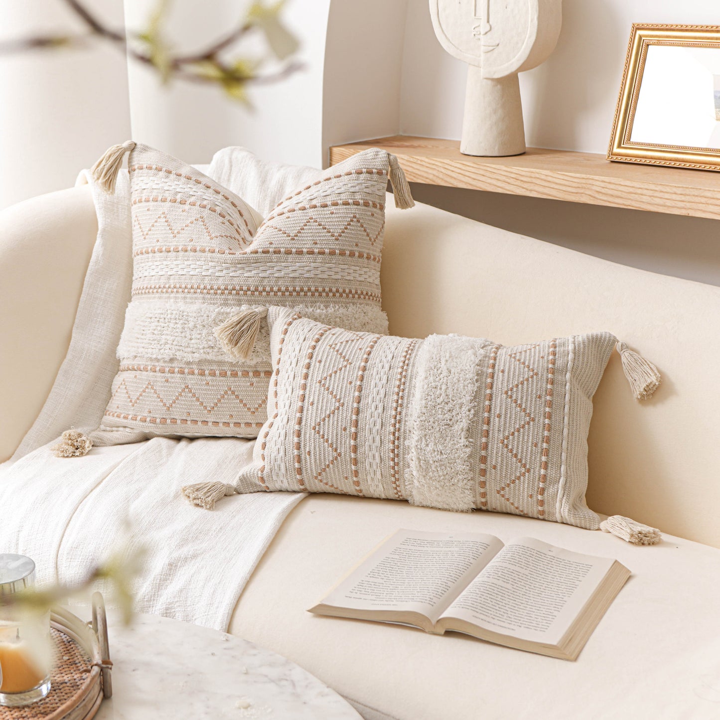 Serene Boho Woven Throw Pillow Cover - Cream