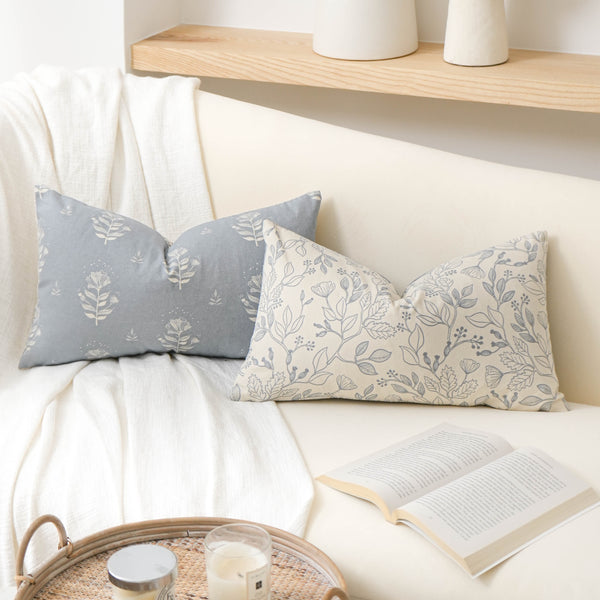 Ivyland Floral Coastal Blue Cotton Lumbar Pillow Cover 12x20