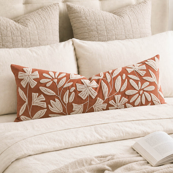 Floris Velvet Terracotta Red Embroidery Long Lumbar Pillow Cover 14×36