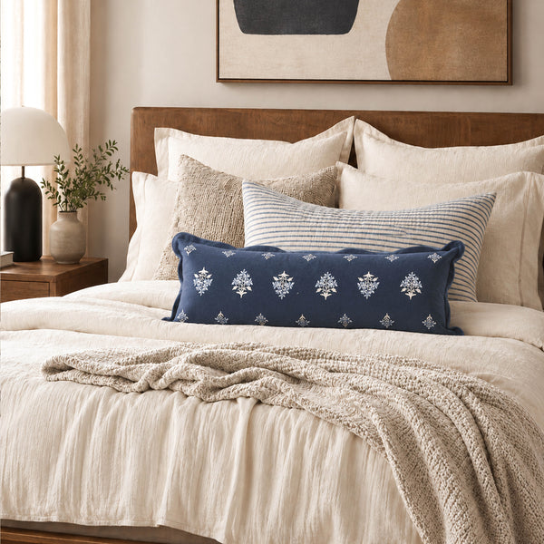 Bloom Velvet Navy Blue Embroidery and Scalloped Edge Lumbar Pillow Cover 14x36
