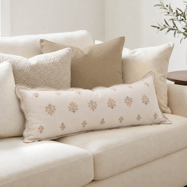 Bloom Velvet Cream White Embroidery and Scalloped Edge Lumbar Pillow Cover 14x36