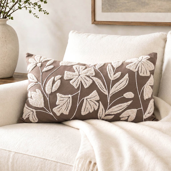 Floris Velvet Taupe Embroidery Lumbar Pillow Cover 12×20