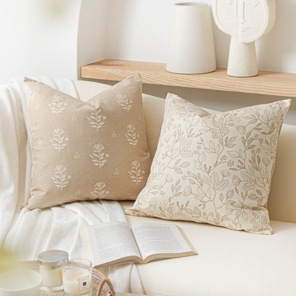 Ivyland Floral Beige Cotton Throw Pillow 18x18 20x20 22x22