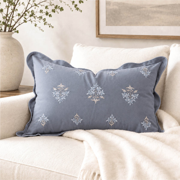 Bloom Velvet Dusty Blue Embroidery and Scalloped Edge Lumbar Pillow Cover 12x20