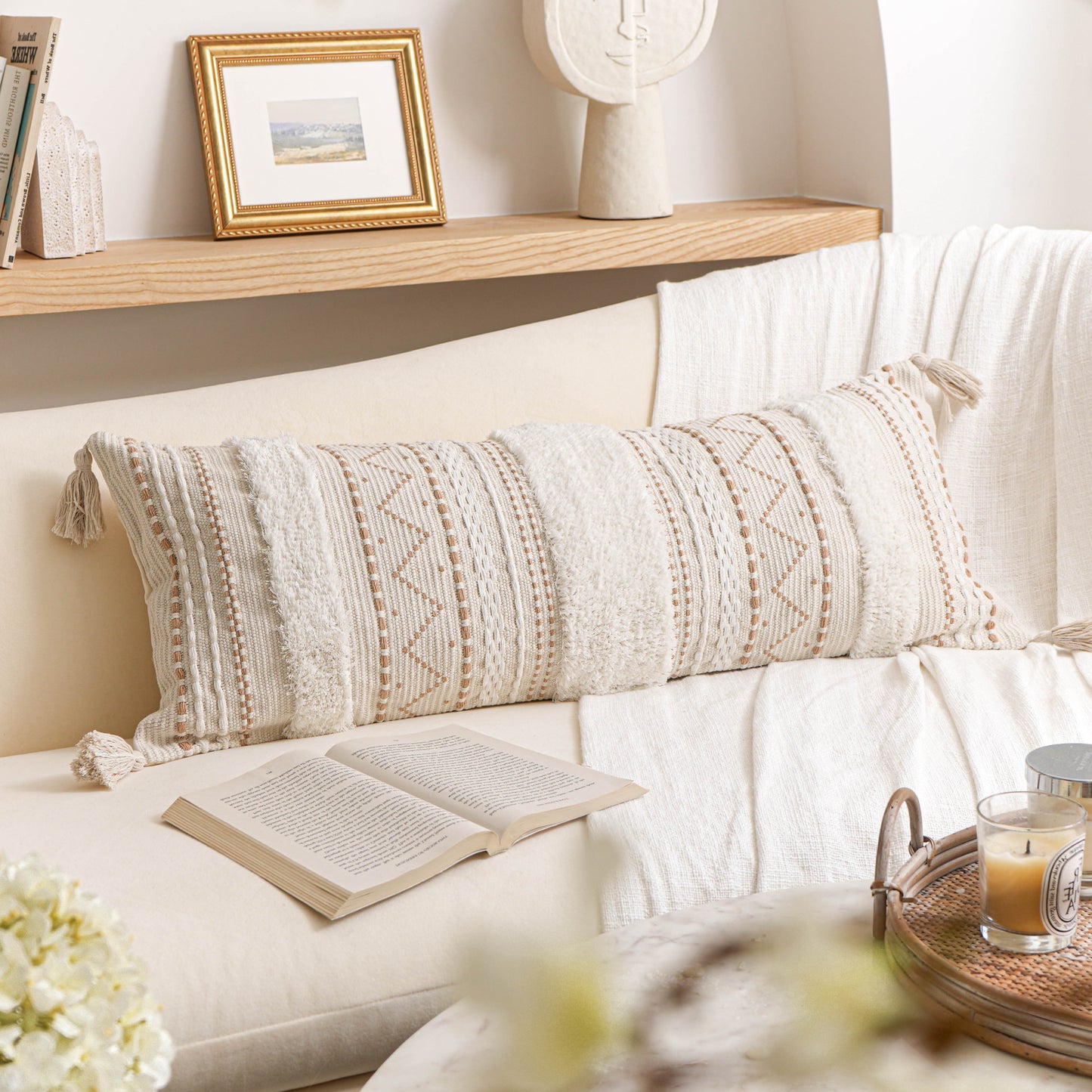 Serene Boho Woven Lumbar Throw Pillow Cover 14X36- Cream