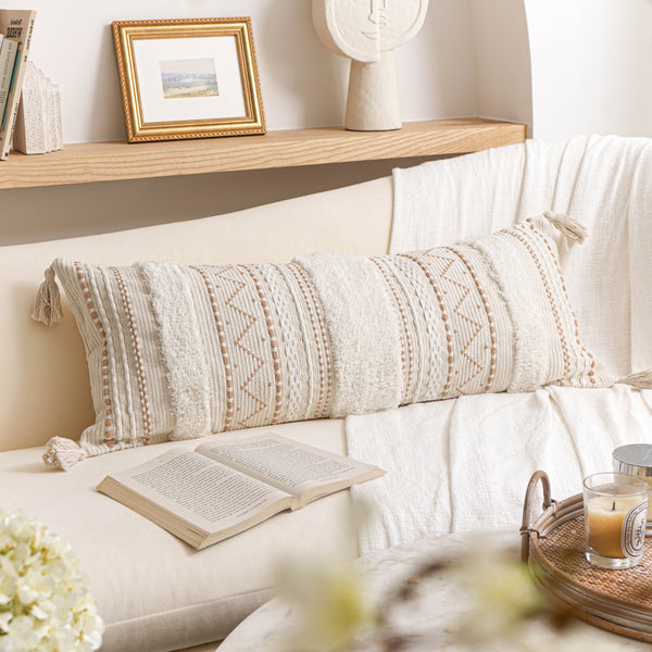 Serene Boho Woven Lumbar Throw Pillow Cover 14X36- Cream
