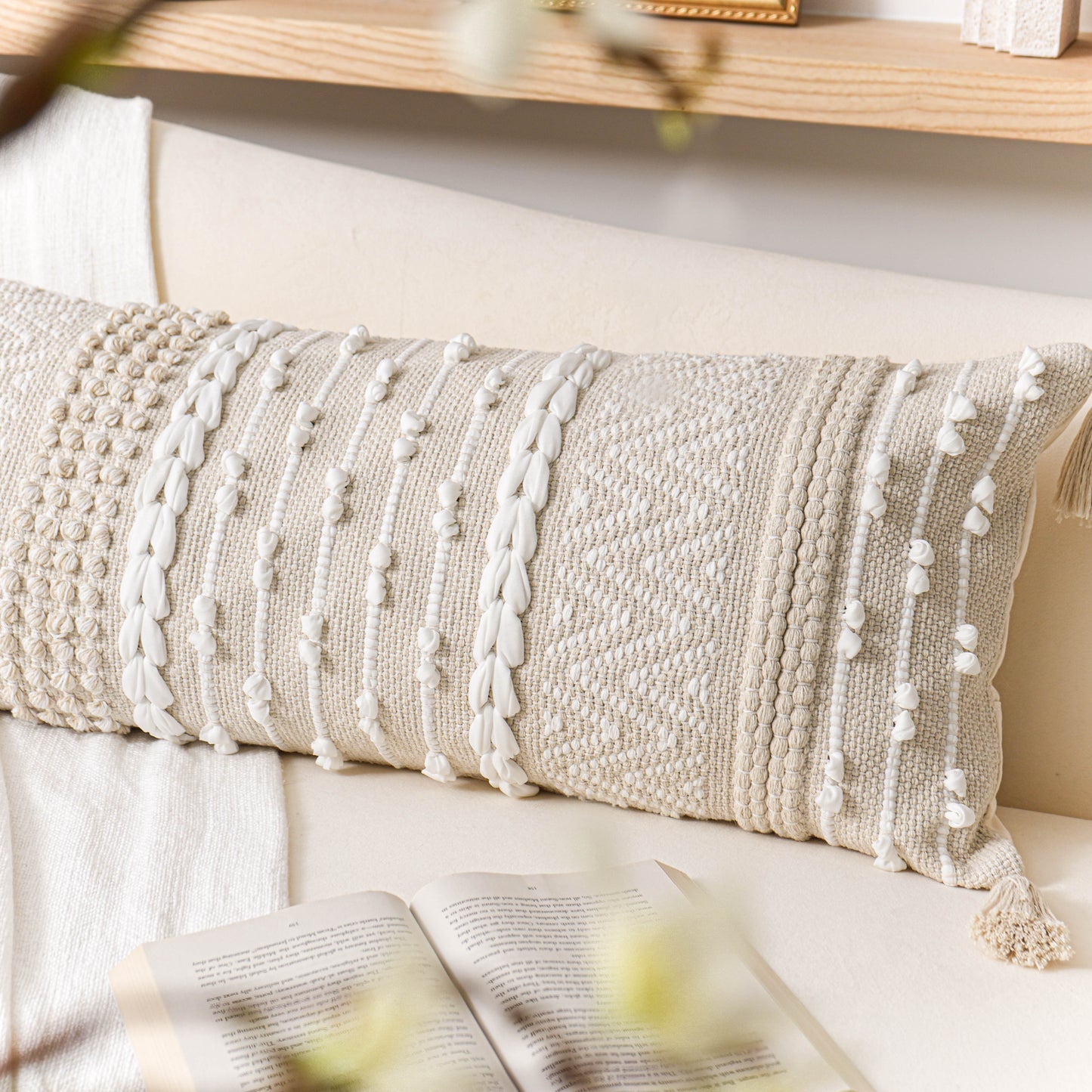 Handmade Cream Chevron Lumbar  Pillow Cover 14x36