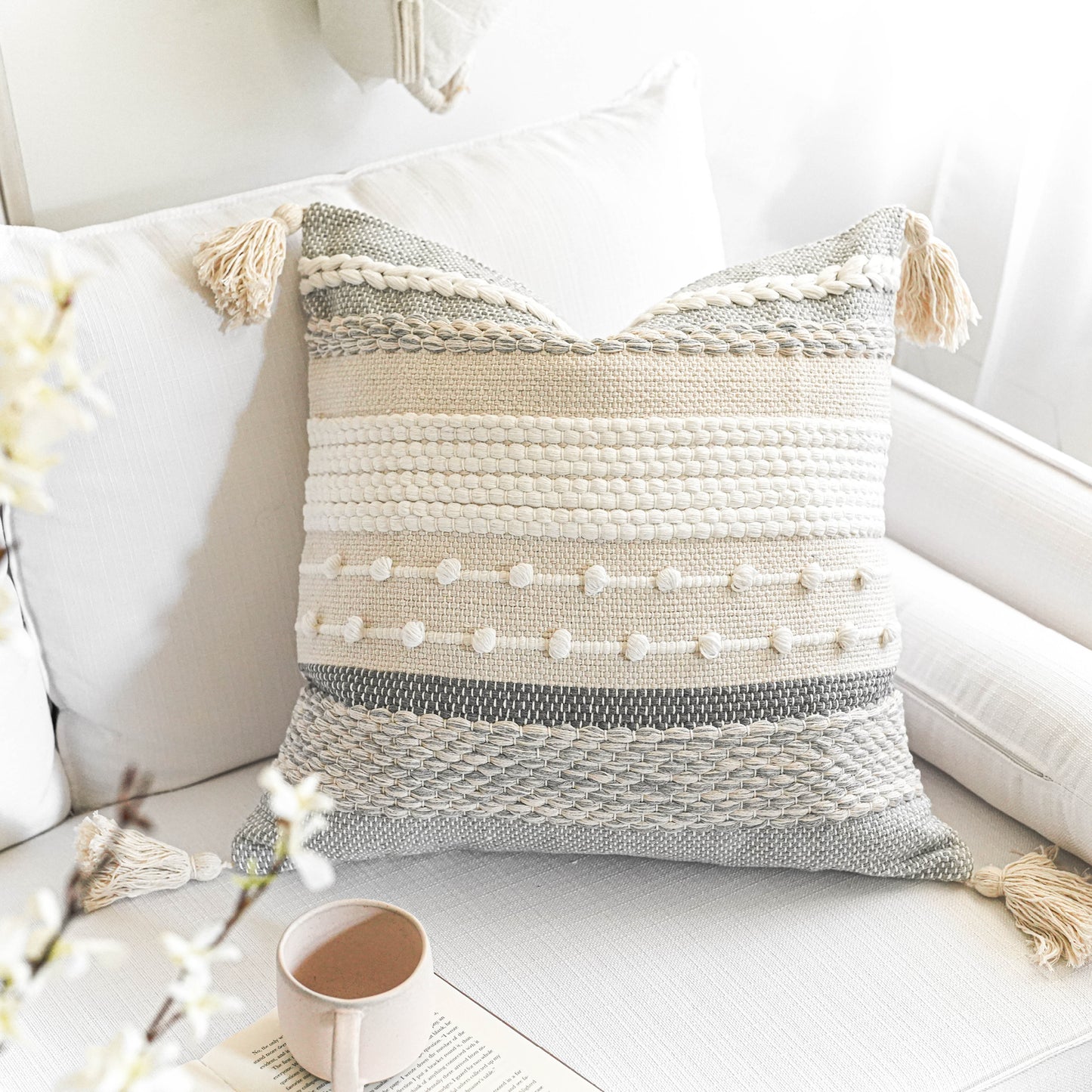 Handmade Gray Boho Woven Square Pillow Cover 20x20 22x22