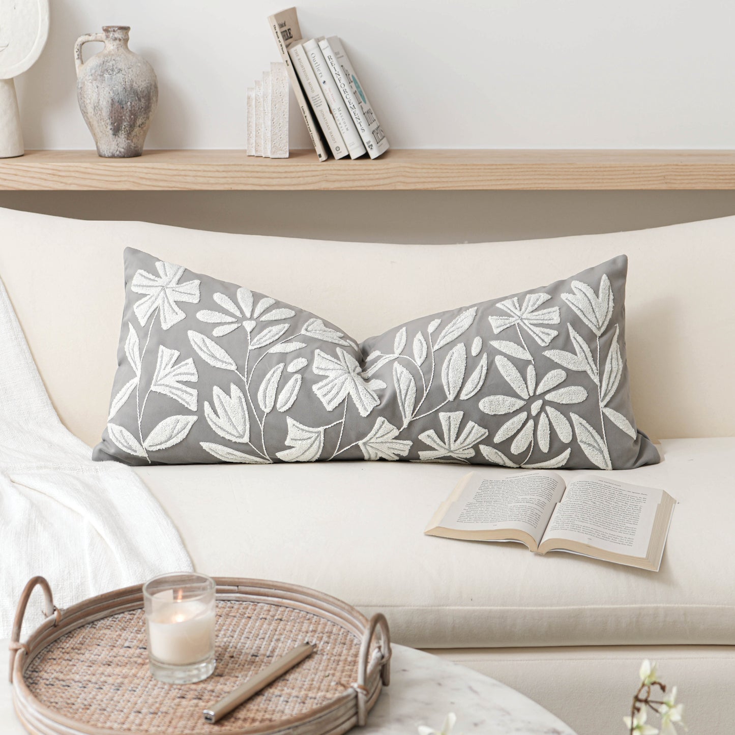 Velvet Soft Gray Flower Pattern Lumbar Throw Pillow Cover 14X36 inch