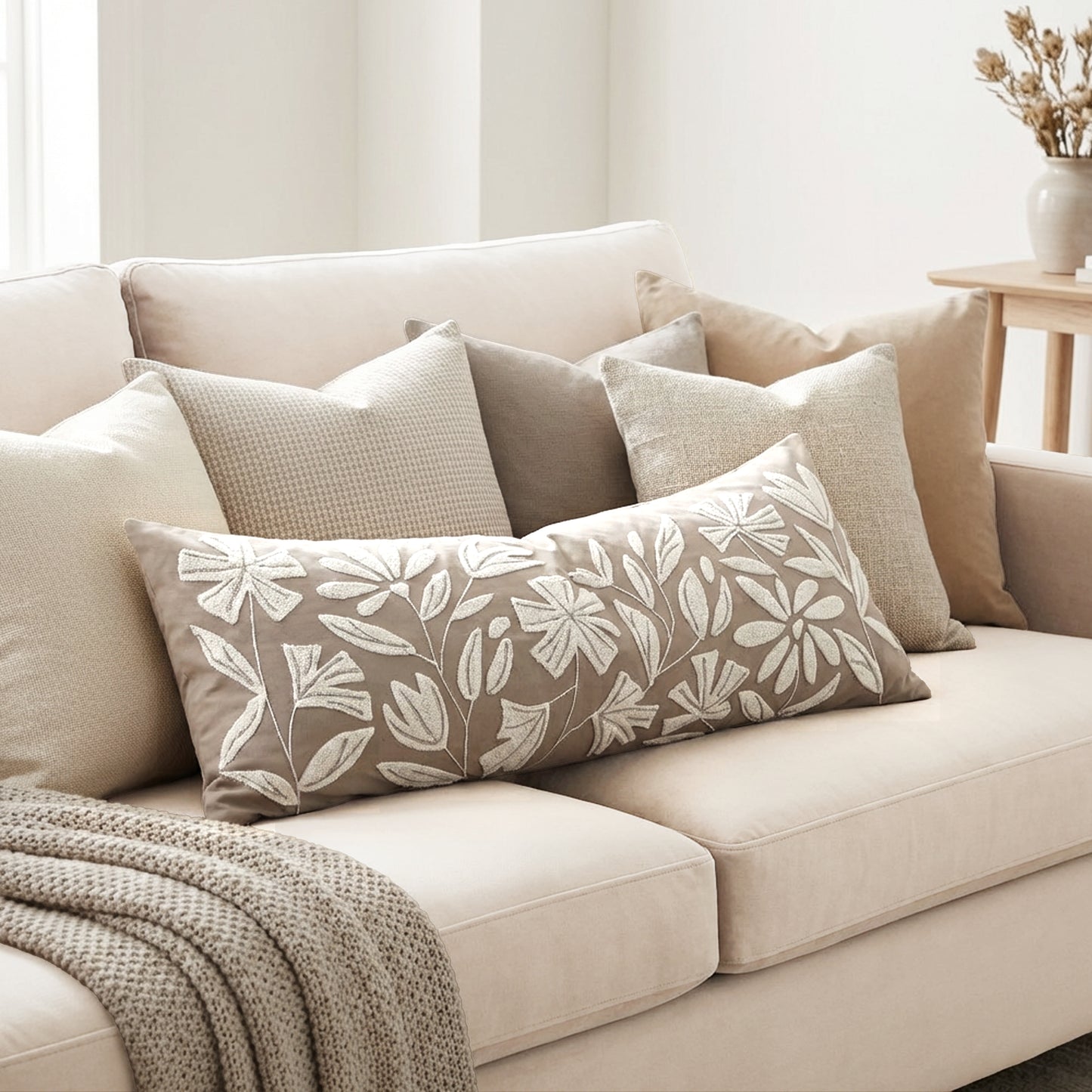 Velvet Soft Taupe Flower Pattern Lumbar Throw Pillow Cover 14X36 inch