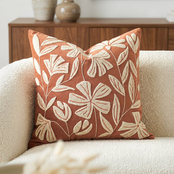Velvet Soft Brick Red Flower Pattern Throw Pillow Cover
