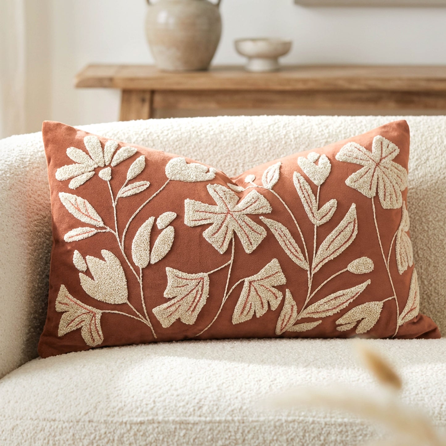 Velvet Soft Brick Red Flower Pattern Lumbar Throw Pillow Cover