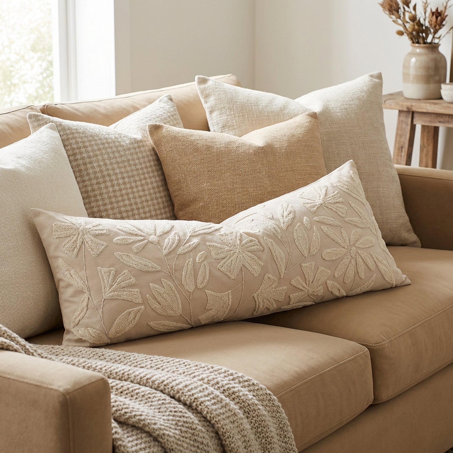 Velvet Soft Cream Flower Pattern Lumbar Throw Pillow Cover 14X36 inch