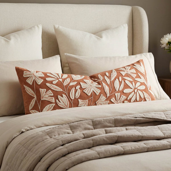 Velvet Soft Brick Red Flower Pattern Lumbar Throw Pillow Cover 14X36 inch