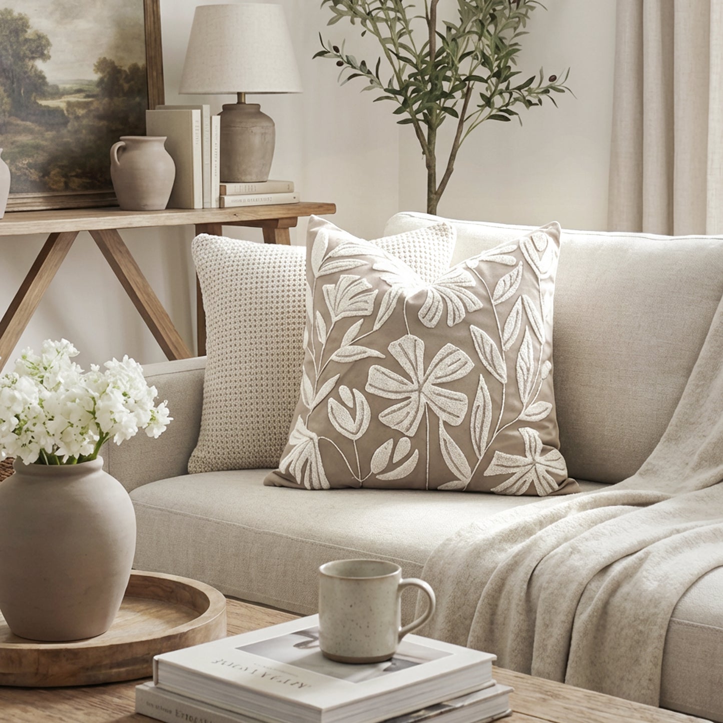 Velvet Soft Taupe Flower Pattern Throw Pillow Cover