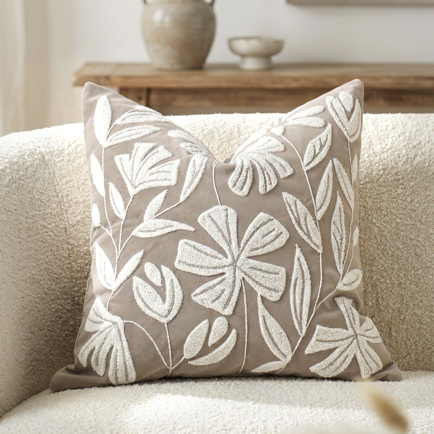 Velvet Soft Taupe Flower Pattern Throw Pillow Cover