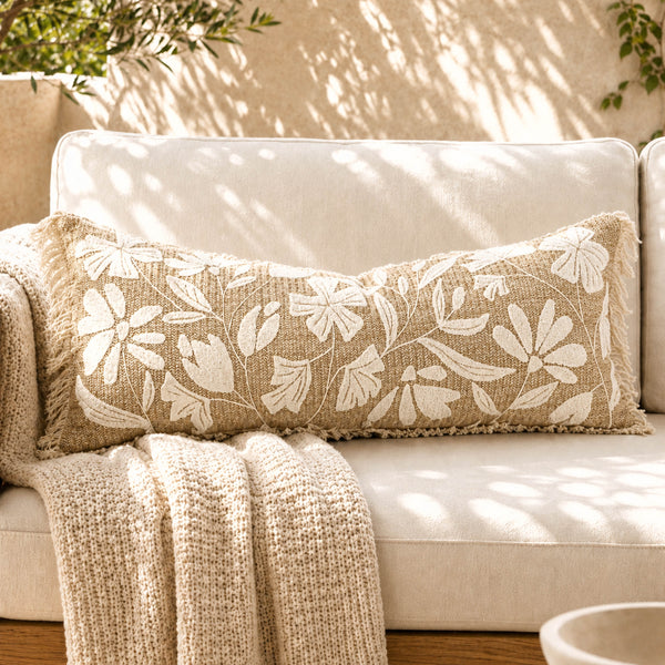 Floris Jute-Inspired Embroidery Long Lumbar Pillow Cover 14×36
