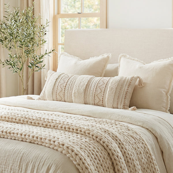 Serene Boho Woven Lumbar Throw Pillow Cover 14X36- Cream