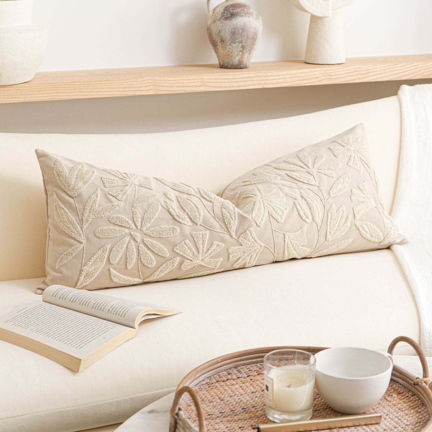 Velvet Soft Cream Flower Pattern Lumbar Throw Pillow Cover 14X36 inch