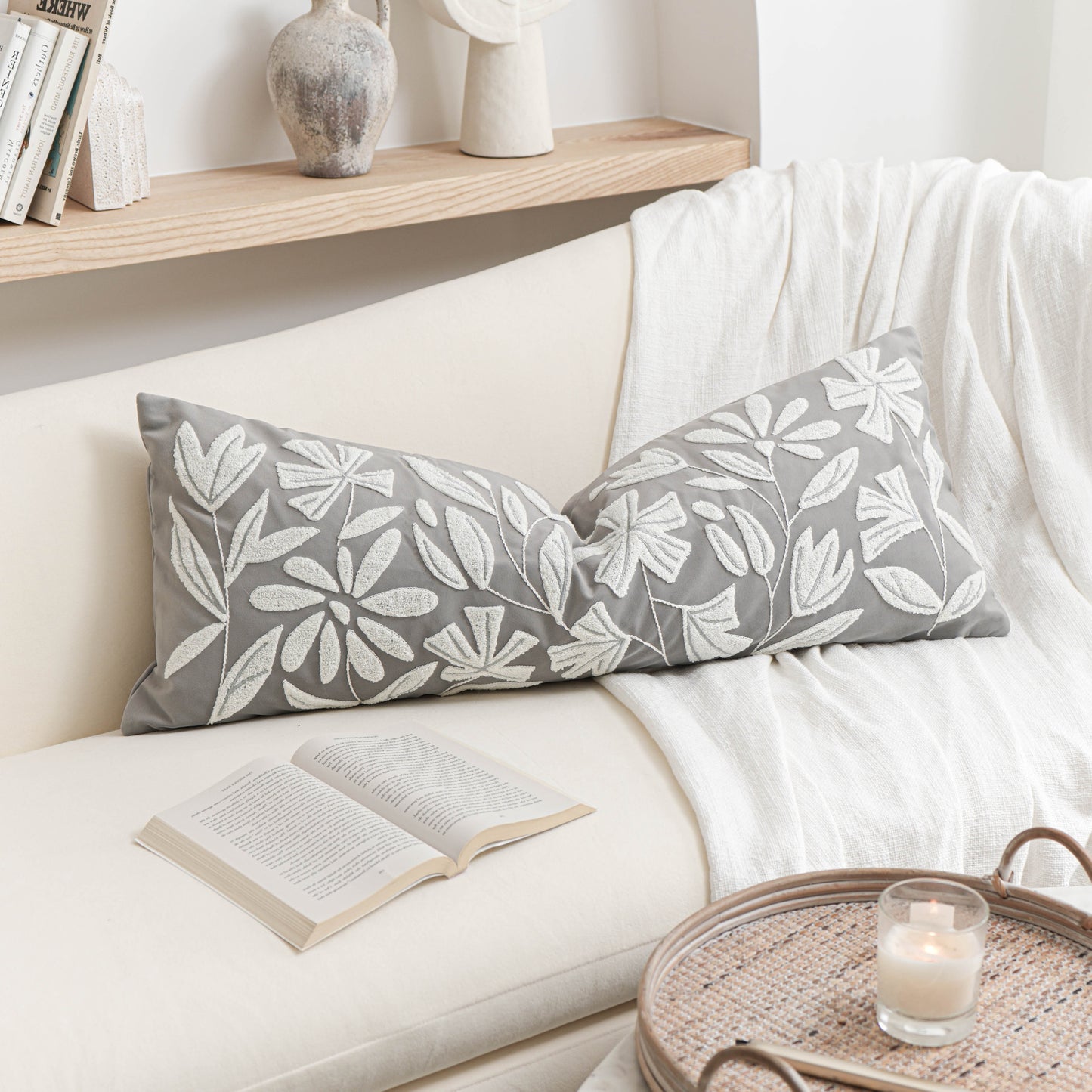 Velvet Soft Gray Flower Pattern Lumbar Throw Pillow Cover 14X36 inch