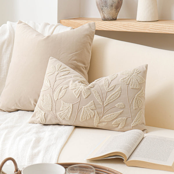 Floris Velvet Cream Beige Embroidery Lumbar Pillow Cover 12×20